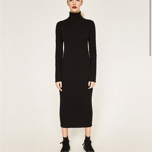 Zara Black Rib Knit Turtleneck Maxi Dress